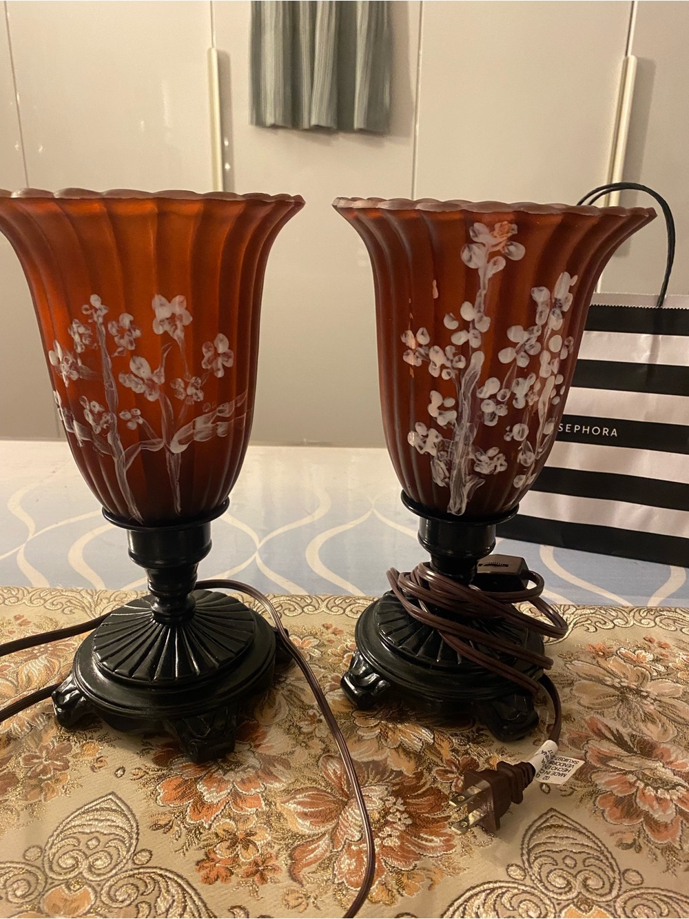 Pair of Brown Floral Glass Lantern Table Lamps - Elegant Accent